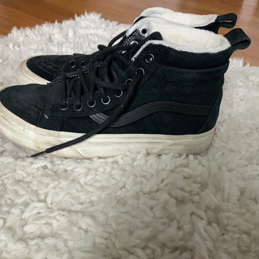 Vans black suede high top, women’s 6, fuzzy inside- Scotchgard.